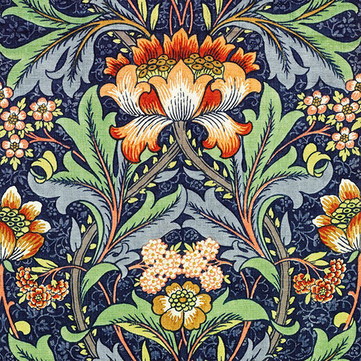 A floral Arts and Craft pattern featuring green leaves and orange flowers on a navy blue background.