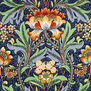 A floral Arts and Craft pattern featuring green leaves and orange flowers on a navy blue background.