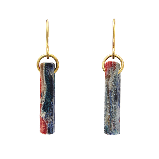 A pair of small hook errings featuring a rectangular pendant in a marbled multicoloured pattern.