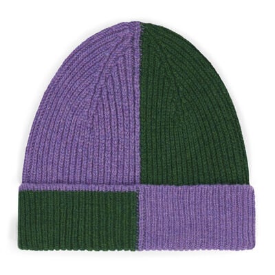 Purple and green wool beanie hat