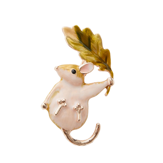 An enamel brooch in the shape of a dormouse holding an oak leaf.