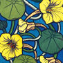 A floral pattern featuring bright yellow flowers on a blue background.