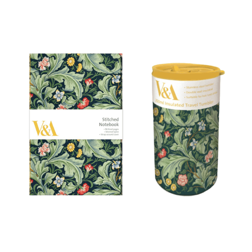 A small notebook and a carry cup, both printed with a green foliage pattern.
