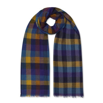 Blue and yellow checked wool scarf