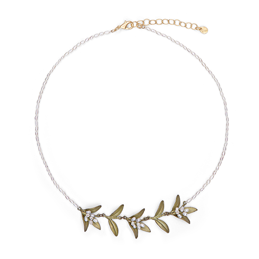  unique botanical jewellery collection featuring freshwater pearls and patinated bronze leaves of the myrtle and Irish thorn plants