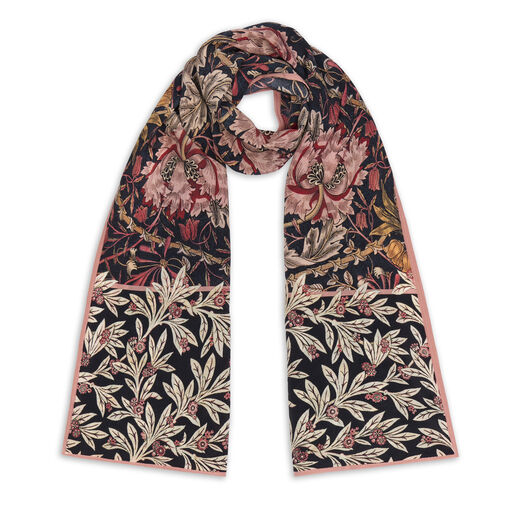 Luxurious wrap around silk scarf with honeysuckle floral patter by William Morris 