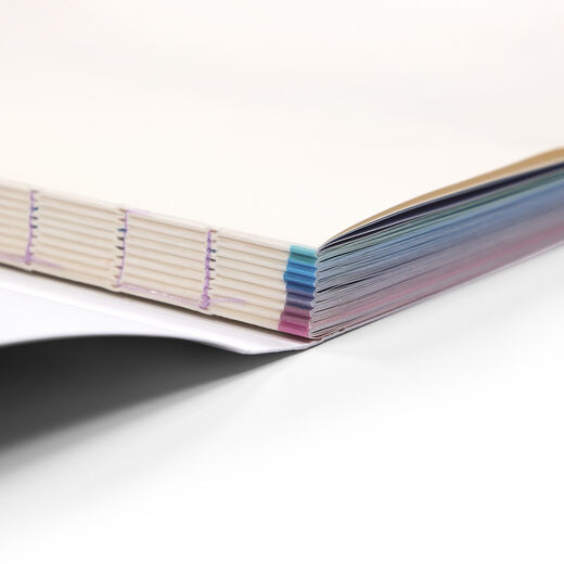 Detail of the book exposed Swiss binding.