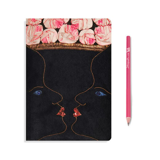 Stationary set including A5 notebook with cover illustration adapted from iconic evening coat and HB pencil in shocking pink