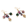 A pair of earrings with golden hooks and pink and green beads. 