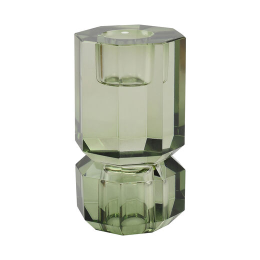 An olive green glass candleholder.