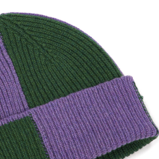 Purple and green wool beanie hat