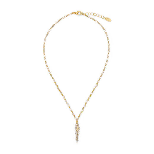 A gold chain necklace with a crystal pendant in the shape of a long pointy leaf.