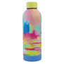 A colourful water bottle featuring an abstract pattern in pastel colours.