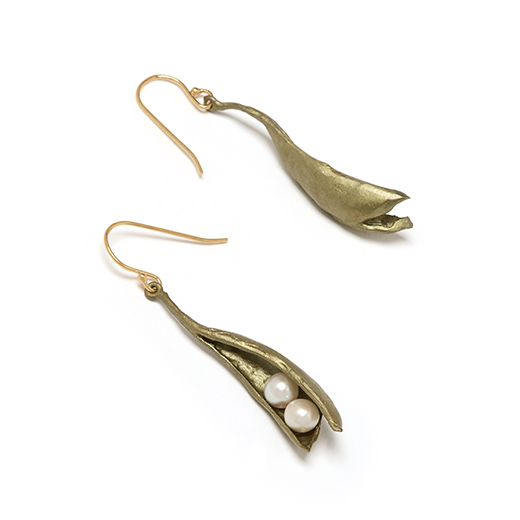 Two pearl pea pod hook earrings by Michael Michaud