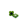 A pair of flower shaped stud earrings with a blue centre and green petals. One earring is laid upside down to show the back.