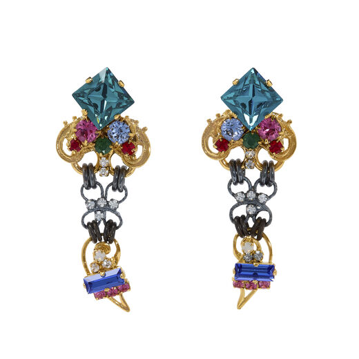 Drop earrings handmade by Vicki Sarge inspired to the Victorian Era, using recycled stones and Swarovski crystals
