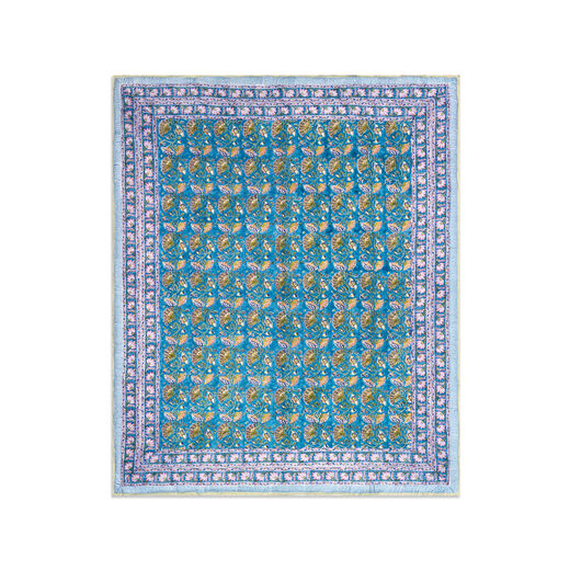Blue and pink hand-printed cotton quilt