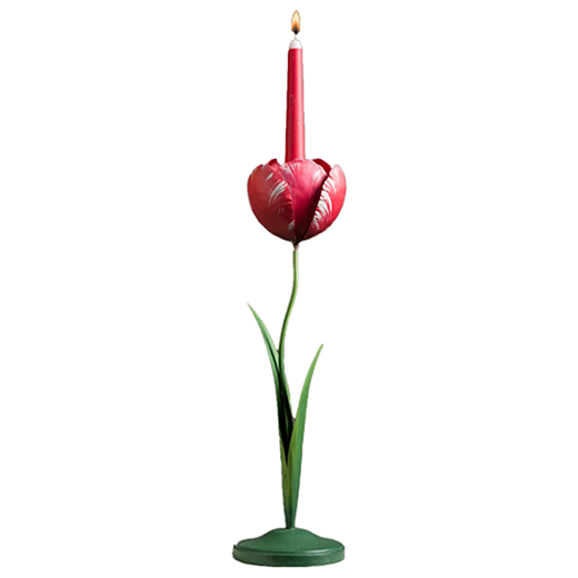 A green and pink candlestick in the form of a spring tulip. A pink candle is placed on its top.