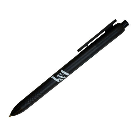 A black pen with the V&A logo printed in white at its centre.
