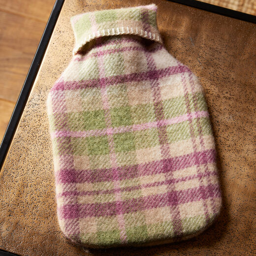 Pink and green check wool hot water bottle cover
