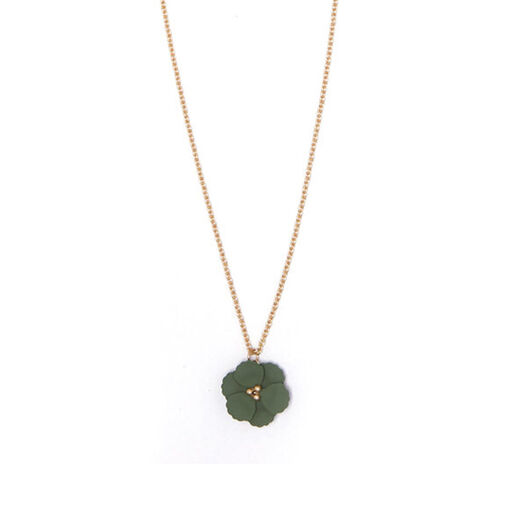 A gold chain necklace with a green flower shape pendant.