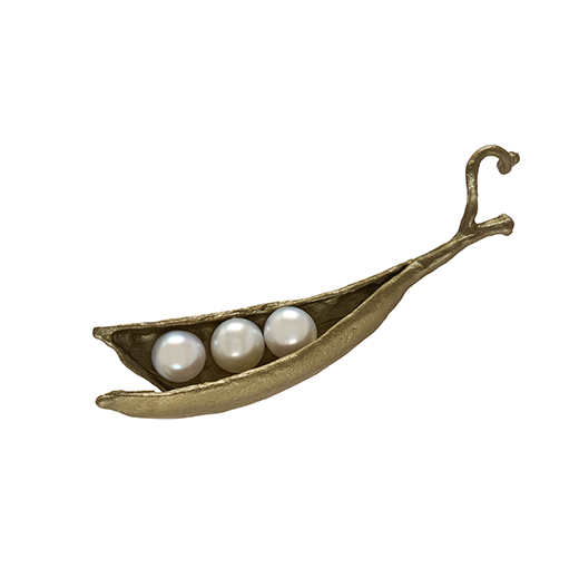 Three Pearl Pea Pod Brooch made of handpainted bronze and freshwater pearls