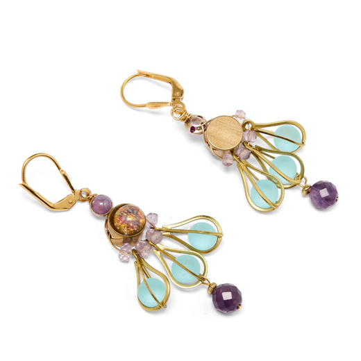 Turquoise and purple drop earrings.