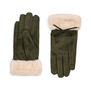 A pair of dark green gloves with a suede finish, featuring a wide faux fur cuff topped with a delicate bow.