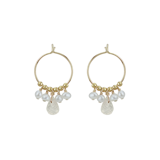 A pair of dainty earrings with white pearls and faceted stones.