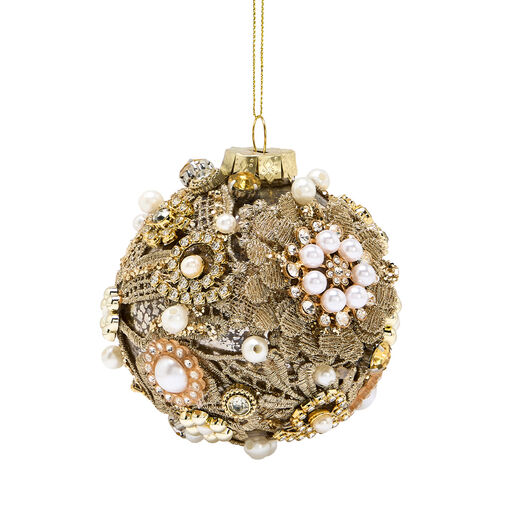 Glass bauble adorned with glitter beads, gems and faux pearls