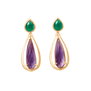 Gold plated earrings featuring a gleaming green onyx at the base and teardrop shaped purple amethysts.
