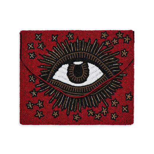 evening clutch decorated with a detailed beaded eye motif, closed with a magnetic clasp