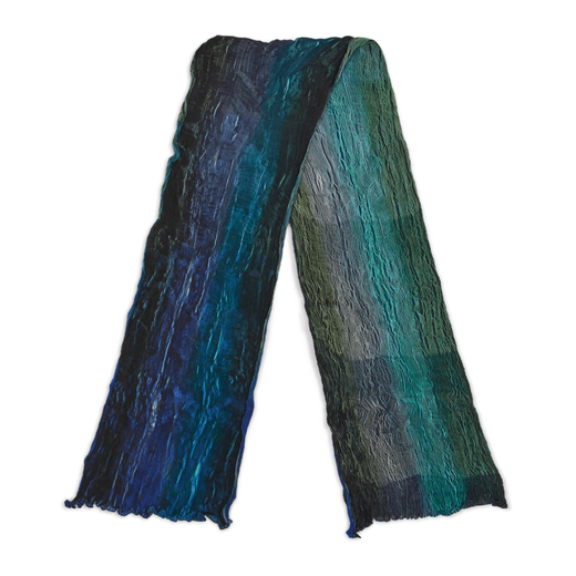A green and deep blue pleated scarf.