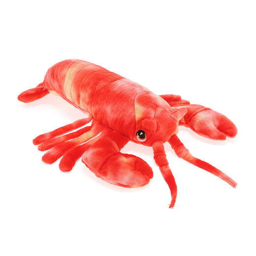 A plushie toy in the shape of a red lobster.