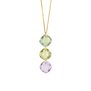 A gold chain necklace with a pendant featuring three pastel green and lilac cushion cut stones.