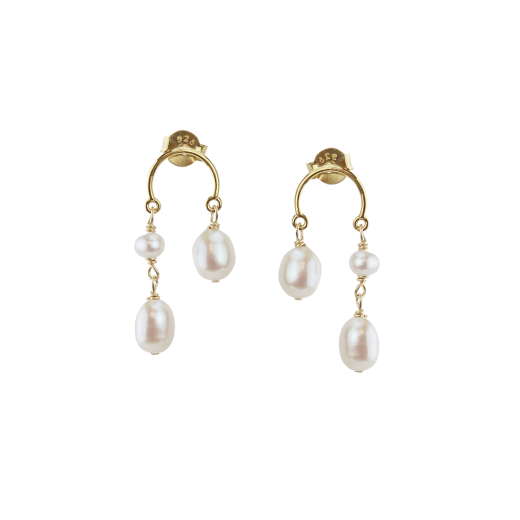 A pair of gold earrings with white pearls pendants.