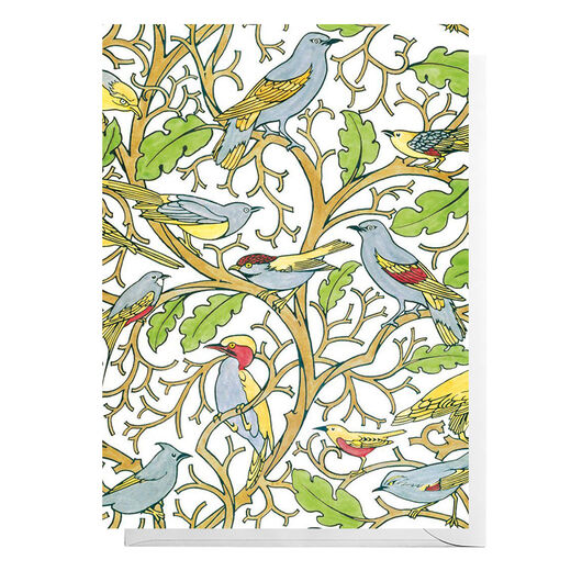 A greeting card featuring a drawing of birds on tree branches.