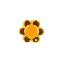 A flower shaped brooch on a white background. The petals are a deep red colour whereas the centre bright yellow.