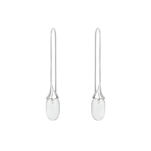 A pair of silver hook earrings, each featuring a clear crystal drop.