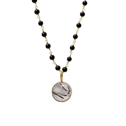 Rutilated quartz and black onyx rosary necklace by Mirabelle