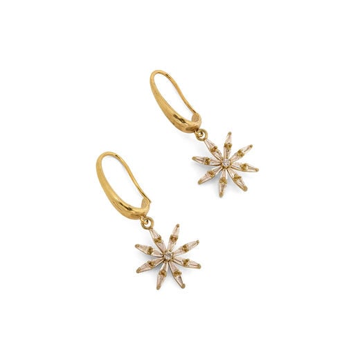 A pair of gold plated earrings, each featuring a star shaped pendant with crystals.
