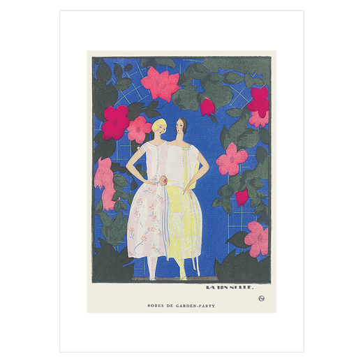 Two beautifully attired women enjoy a garden party. Dressed in white, they stand against a vivid blue background dotted with pink flowers.