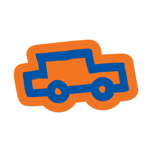 Orange paper sticker in the shape of a doodle car.