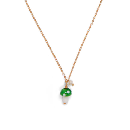 A chain necklace with a small green mushroom pendant.