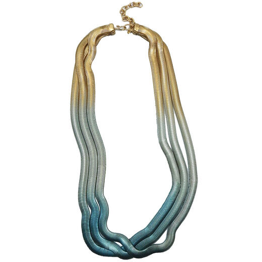 A three strands chain necklace in a gold and blue colour gradient.