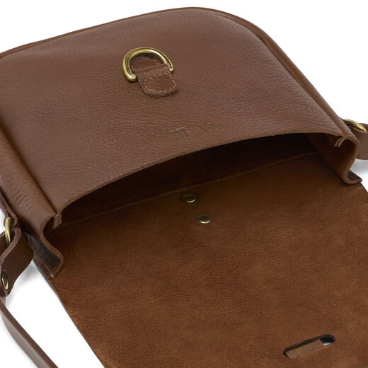 Brown leather oak-embossed saddle bag