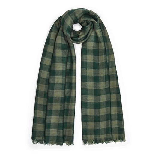 A looped green checked scarf.