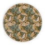 A round tray featuring an Arts and Crafts pattern with green and brown acanthus leaves.