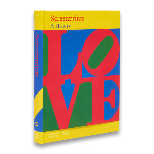 A hardback book featuring with the word 'love' in bright red capital letters on a yellow, green and blue background.