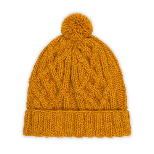 Yellow cable wool bobble hat